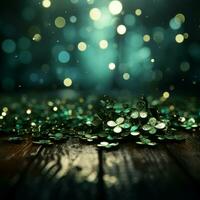 Radiant St Patricks Day backdrop with dazzling green glitter paper accents For Social Media Post Size AI Generated photo