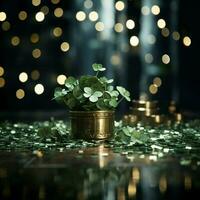 Radiant St Patricks Day backdrop with dazzling green glitter paper accents For Social Media Post Size AI Generated photo