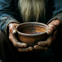 Poor old mans hands with empty bowl, symbolizing hunger and poverty For Social Media Post Size AI Generated photo