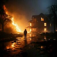 Rescuer sprays water amidst charred ruins, extinguishing remnants of devastating house fire For Social Media Post Size AI Generated photo