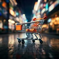 Retail immersion Shopping cart navigates supermarket, blending with blurred store bokeh For Social Media Post Size AI Generated photo