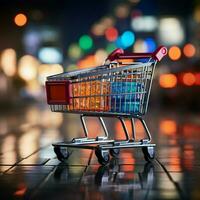 Al por menor perspectiva compras carro en supermercado, conjunto en contra animado Tienda bokeh fondo para social medios de comunicación enviar Talla ai generado foto