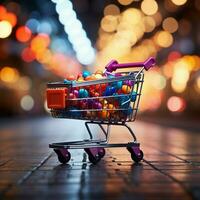 Retail rendezvous Shopping cart amidst blurred store bokeh, symbolizing dynamic shopping experience For Social Media Post Size AI Generated photo