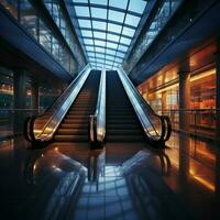 arquitectónico dinámica cerca arriba de escalera mecánica en contemporáneo edificio o subterraneo estación para social medios de comunicación enviar Talla ai generado foto