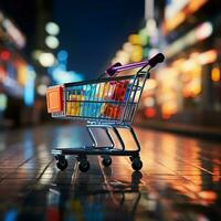 Retail perspective Shopping cart in supermarket, set against lively store bokeh backdrop For Social Media Post Size AI Generated photo