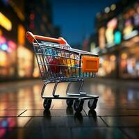 Retail rendezvous Shopping cart amidst blurred store bokeh, symbolizing dynamic shopping experience For Social Media Post Size AI Generated photo