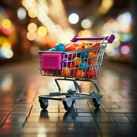 Retail rendezvous Shopping cart amidst blurred store bokeh, symbolizing dynamic shopping experience For Social Media Post Size AI Generated photo