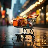 Retail rendezvous Shopping cart amidst blurred store bokeh, symbolizing dynamic shopping experience For Social Media Post Size AI Generated photo