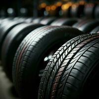 Rubber gallery Close up of bulk car tires in shop, highlighting options For Social Media Post Size AI Generated photo