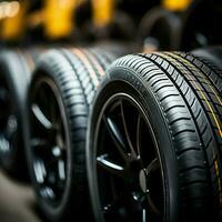 Rubber inventory Close up of bulk car tires in store, tire shop backdrop For Social Media Post Size AI Generated photo