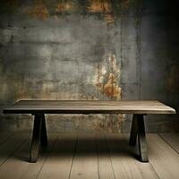 Rustic wood table surface complemented with grunge concrete textured wall For Social Media Post Size AI Generated photo