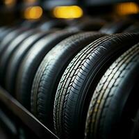 Rubber inventory Close up of bulk car tires in store, tire shop backdrop For Social Media Post Size AI Generated photo