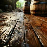 Rustic charm in focus closeup of textured wooden barrel, a natural background For Social Media Post Size AI Generated photo