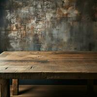 Rustic wood table surface complemented with grunge concrete textured wall For Social Media Post Size AI Generated photo