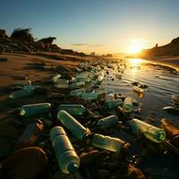 Sandy expanse marred by discarded bottles and trash, showcasing beach pollutions harm For Social Media Post Size AI Generated photo