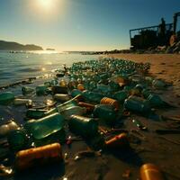 arenoso extensión estropeado por descartado botellas y basura, exhibiendo playa contaminaciones daño para social medios de comunicación enviar Talla ai generado foto
