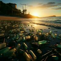 Seashore marred by plastic bottles and debris, illustrating beach pollutions ecological impact For Social Media Post Size AI Generated photo