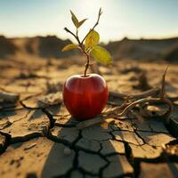 árido ambiente manzana en agrietado suelo representa hambre, agua escasez, y agricultura retos para social medios de comunicación enviar Talla ai generado foto