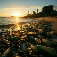 costa estropeado por el plastico botellas y escombros, ilustrando playa contaminaciones ecológico impacto para social medios de comunicación enviar Talla ai generado foto