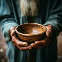 Selective focus on impoverished old mans hands clutching an empty bowl For Social Media Post Size AI Generated photo