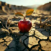 árido ambiente manzana en agrietado suelo representa hambre, agua escasez, y agricultura retos para social medios de comunicación enviar Talla ai generado foto