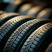 Shop display close up of bulk car tires stacked together For Social Media Post Size AI Generated photo