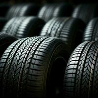 Shop display close up of bulk car tires stacked together For Social Media Post Size AI Generated photo