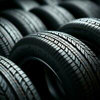 Shop display close up of bulk car tires stacked together For Social Media Post Size AI Generated photo