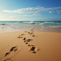 Shoreline imprints, footprints on beach sand narrate tales of ocean rendezvous For Social Media Post Size AI Generated photo