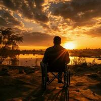 Silhouette of a wheelchair user against sunset, portraying strength and unwavering spirit For Social Media Post Size AI Generated photo