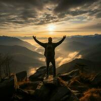 Slim backpacker revels in foggy mountain panorama, arms raised against vivid morning sky For Social Media Post Size AI Generated photo