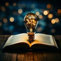 Spark of ideas Glowing bulb over book symbolizes inspiration, innovation, and empowered learning For Social Media Post Size AI Generated photo