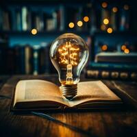 Spark of ideas Glowing bulb over book symbolizes inspiration, innovation, and empowered learning For Social Media Post Size AI Generated photo