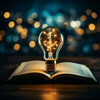 Spark of ideas Glowing bulb over book symbolizes inspiration, innovation, and empowered learning For Social Media Post Size AI Generated photo