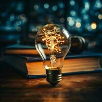 Spark of ideas Glowing bulb over book symbolizes inspiration, innovation, and empowered learning For Social Media Post Size AI Generated photo