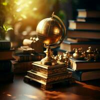 Stacked aspirations, trophy on books celebrates educational success, a shining accomplishment For Social Media Post Size AI Generated photo