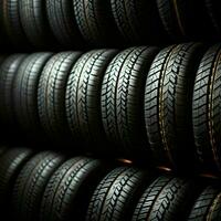 Storefront selection Closeup view of assorted car tires in shop display For Social Media Post Size AI Generated photo