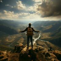 successful man hiker enjoy the view on mountain top For Social Media Post Size AI Generated photo