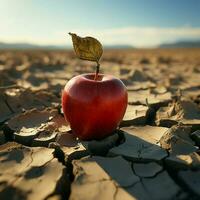 árido paisaje manzana en agrietado suelo representa comida inseguridad, agua escasez, agrícola crisis para social medios de comunicación enviar Talla ai generado foto