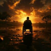 puesta de sol fondo vitrinas silla de ruedas silueta, encarnando fuerza en adversidad y Resiliencia para social medios de comunicación enviar Talla ai generado foto