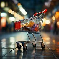 Supermarket spree Shopping cart against blurred store bokeh backdrop captures retail ambiance For Social Media Post Size AI Generated photo