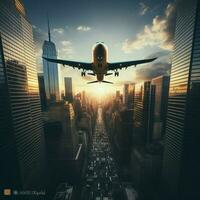 Tall city buildings and a plane flying overhead For Social Media Post Size AI Generated photo