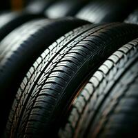 Tire emporium Close up of bulk car tires in shop, showcasing variety For Social Media Post Size AI Generated photo