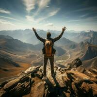 Top of the world, victorious hiker basks in success, soaking up mountain panorama For Social Media Post Size AI Generated photo