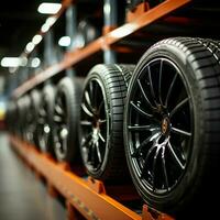 Automotive options Shops close up displays bulk car tires, showcasing range For Social Media Post Size AI Generated photo