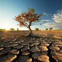 Tree on cracked ground signifies climate change impact, drought, and environmental crisis For Social Media Post Size AI Generated photo