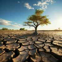 Tree on cracked ground signifies climate change impact, drought, and environmental crisis For Social Media Post Size AI Generated photo