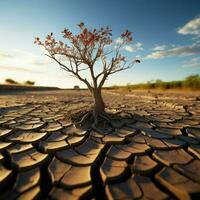 Tree stands in cracked earth, depicting climate crisis, water scarcity from global warming For Social Media Post Size AI Generated photo