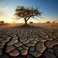 árbol en agrietado suelo significa clima cambio impacto, sequía, y ambiental crisis para social medios de comunicación enviar Talla ai generado foto