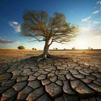 Tree stands in cracked earth, depicting climate crisis, water scarcity from global warming For Social Media Post Size AI Generated photo